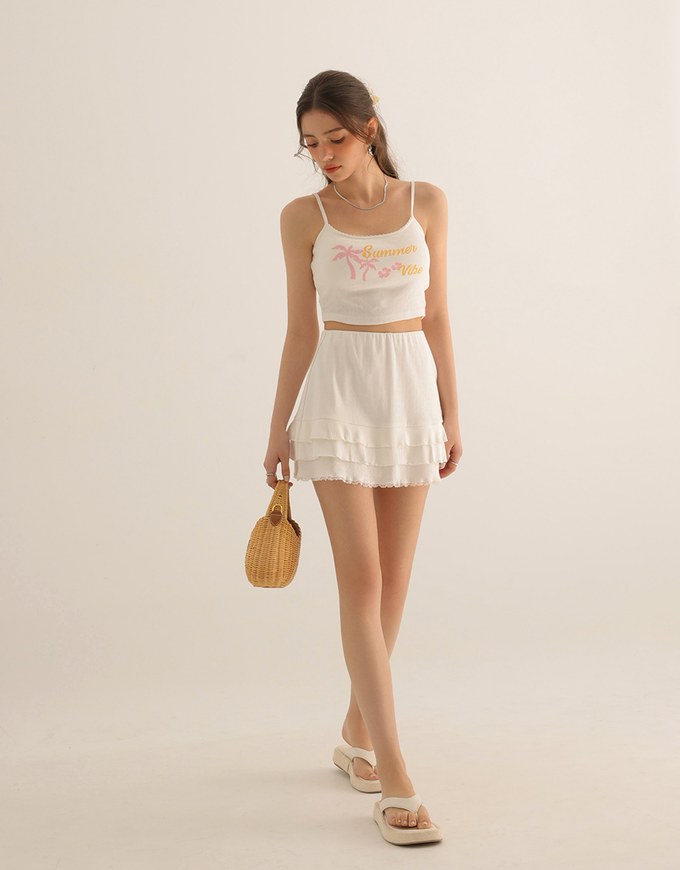 Summer Vibe Palm Embroidery Detail Padded Cami Crop Top