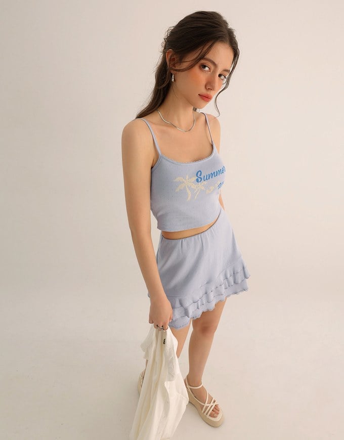 Summer Vibe Palm Embroidery Detail Padded Cami Crop Top