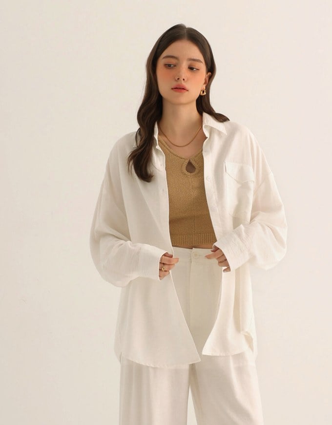 Cooling Fabric Lightweight Oversized Blouse with Pocket Detail