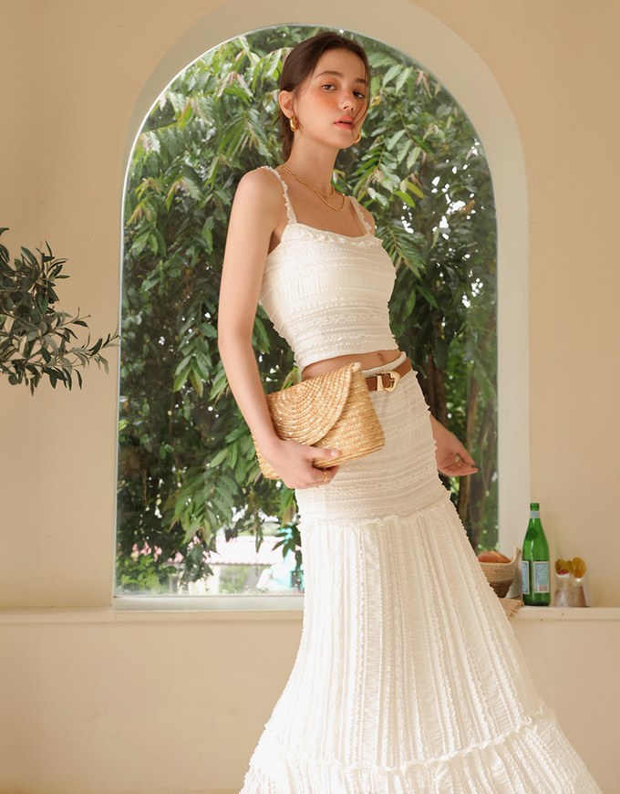 Smocked Cami Top with Lace Textured Ruffle Trim Straps