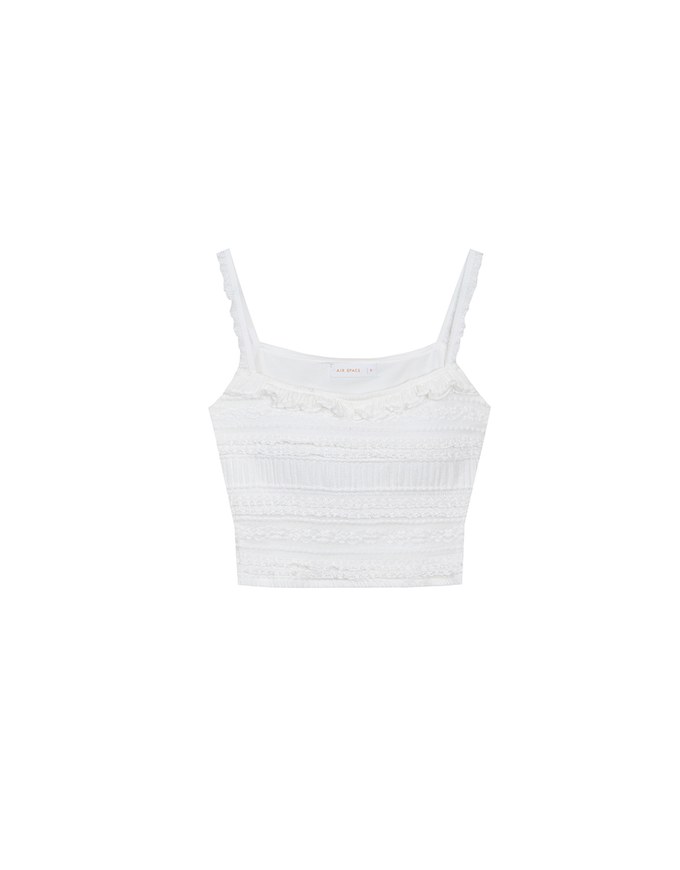 Smocked Cami Top with Lace Textured Ruffle Trim Straps