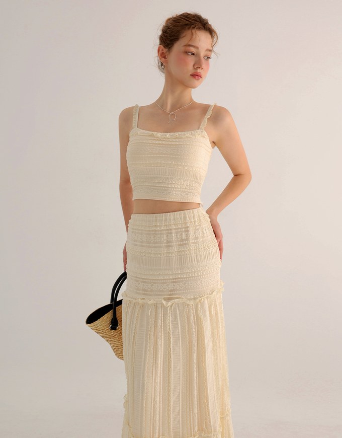 Smocked Cami Top with Lace Textured Ruffle Trim Straps
