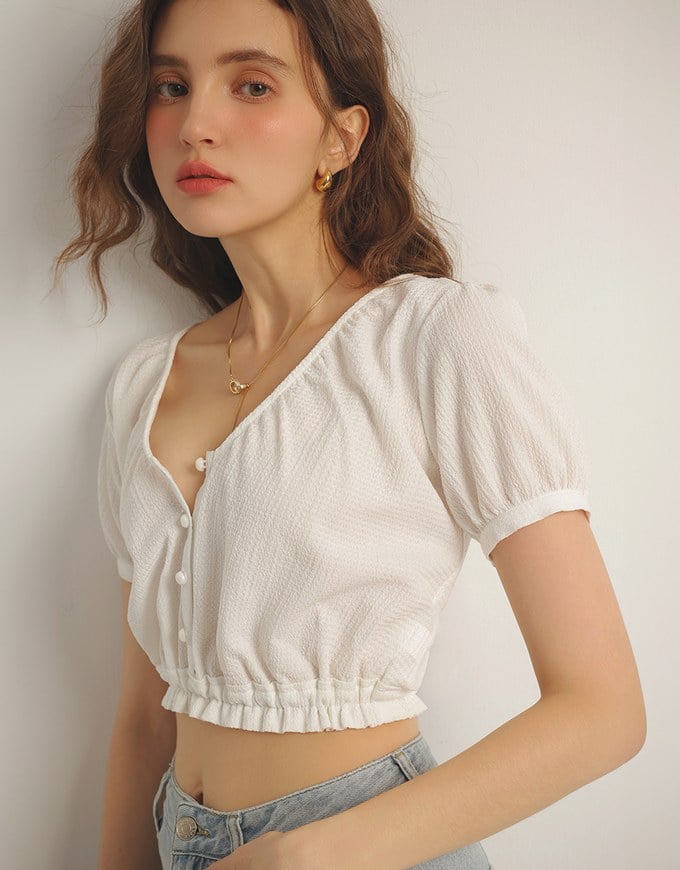 Textured Puff Sleeve V Neck Cropped Top with Ruched Hem