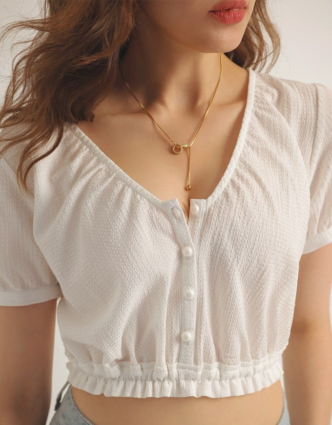 Textured Puff Sleeve V Neck Cropped Top with Ruched Hem