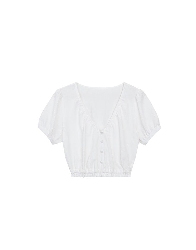 Textured Puff Sleeve V Neck Cropped Top with Ruched Hem