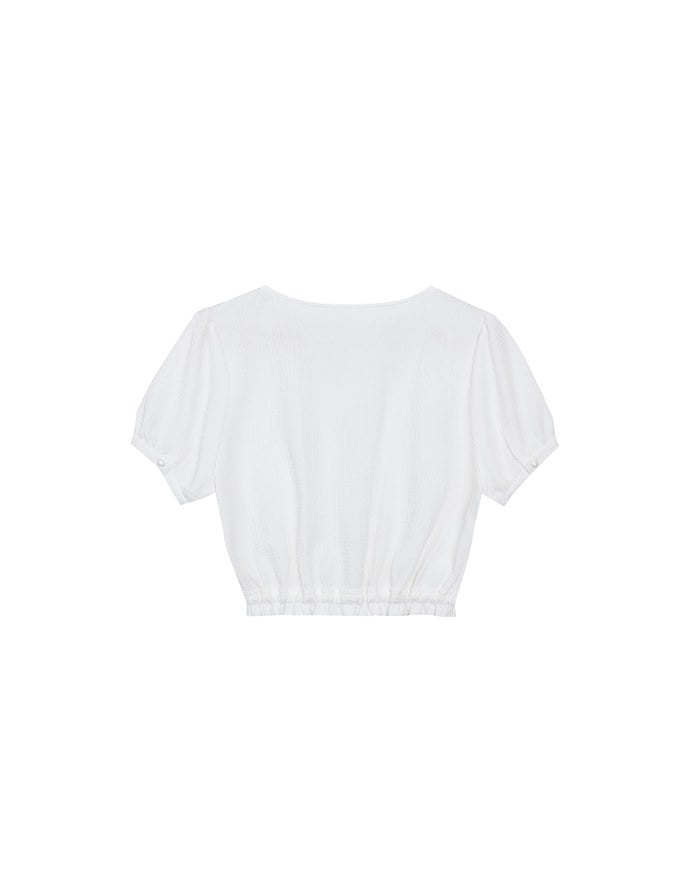 Textured Puff Sleeve V Neck Cropped Top with Ruched Hem
