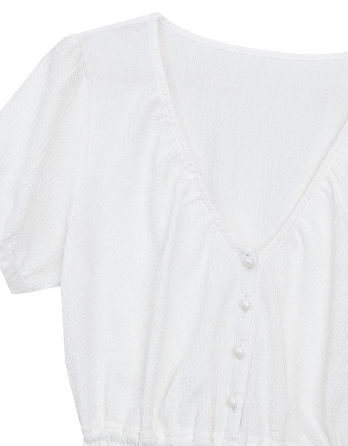 Textured Puff Sleeve V Neck Cropped Top with Ruched Hem