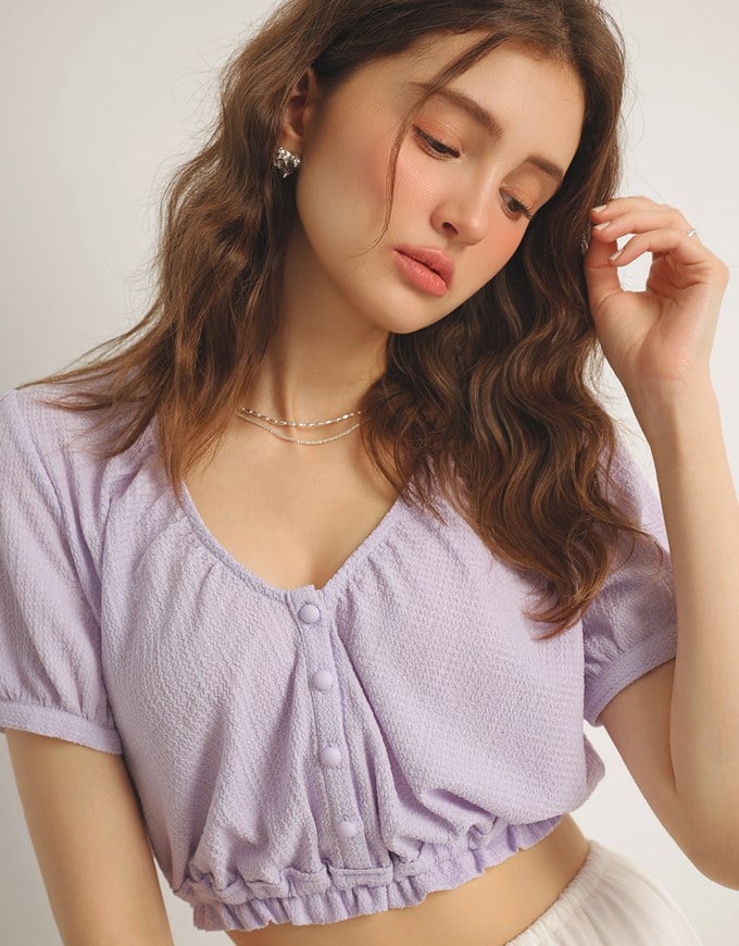 Textured Puff Sleeve V Neck Cropped Top with Ruched Hem