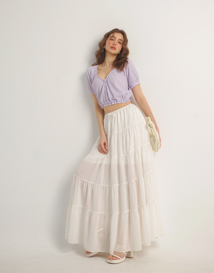 Textured Puff Sleeve V Neck Cropped Top with Ruched Hem