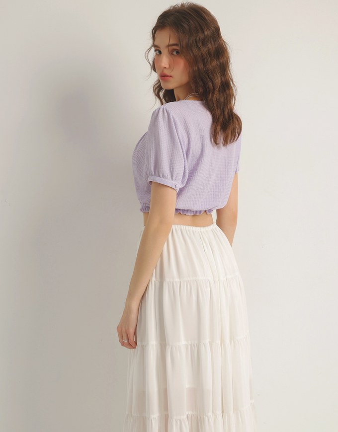 Textured Puff Sleeve V Neck Cropped Top with Ruched Hem