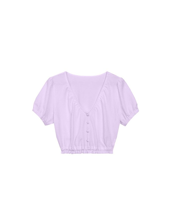 Textured Puff Sleeve V Neck Cropped Top with Ruched Hem