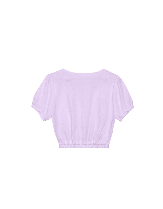 Textured Puff Sleeve V Neck Cropped Top with Ruched Hem