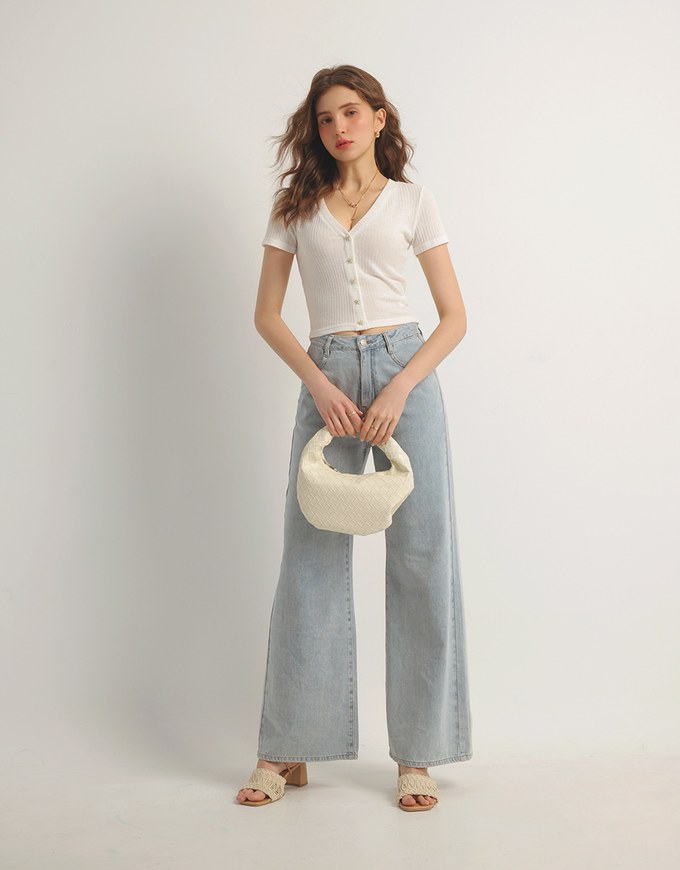 V Neck Starfish Button Ribbed Knit Fitted Top