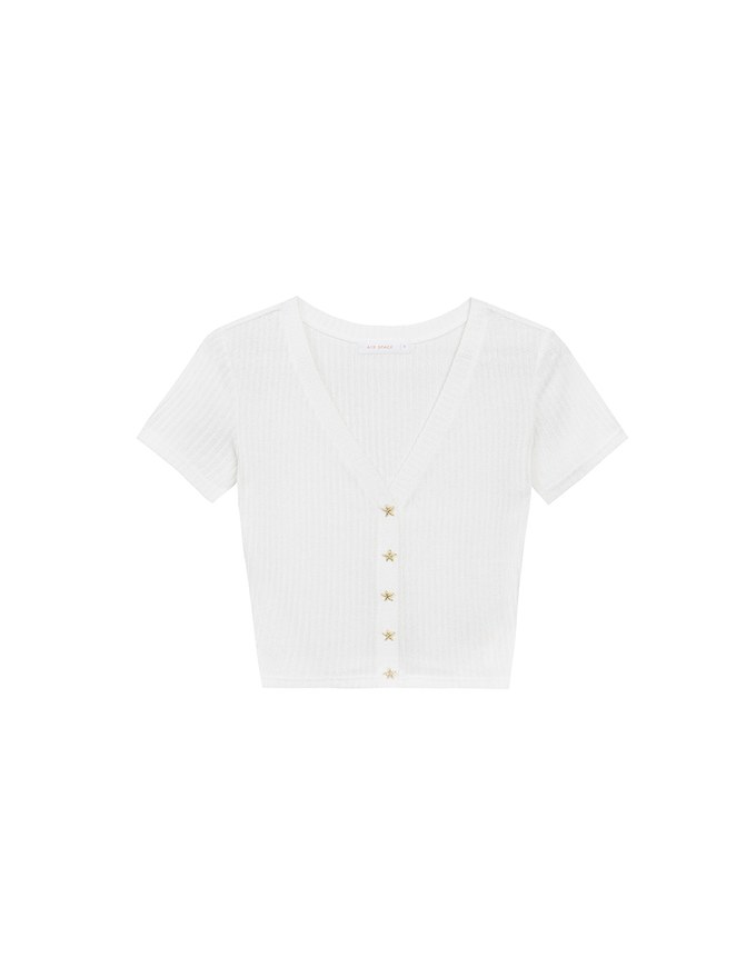 V Neck Starfish Button Ribbed Knit Fitted Top