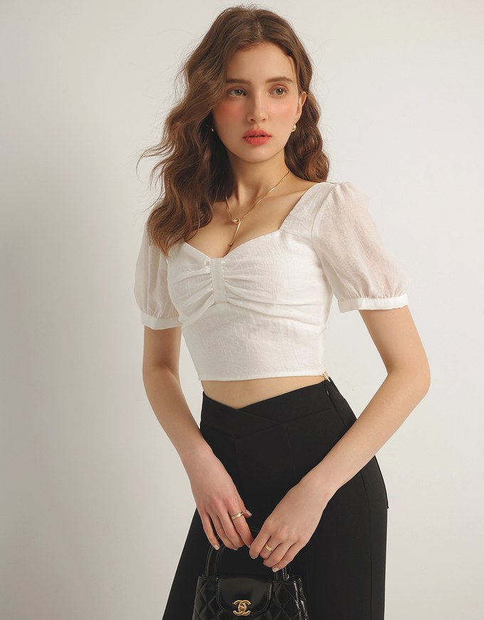 Square Neck Textured Puff Sleeve Cropped Top with Ruched Front Detail