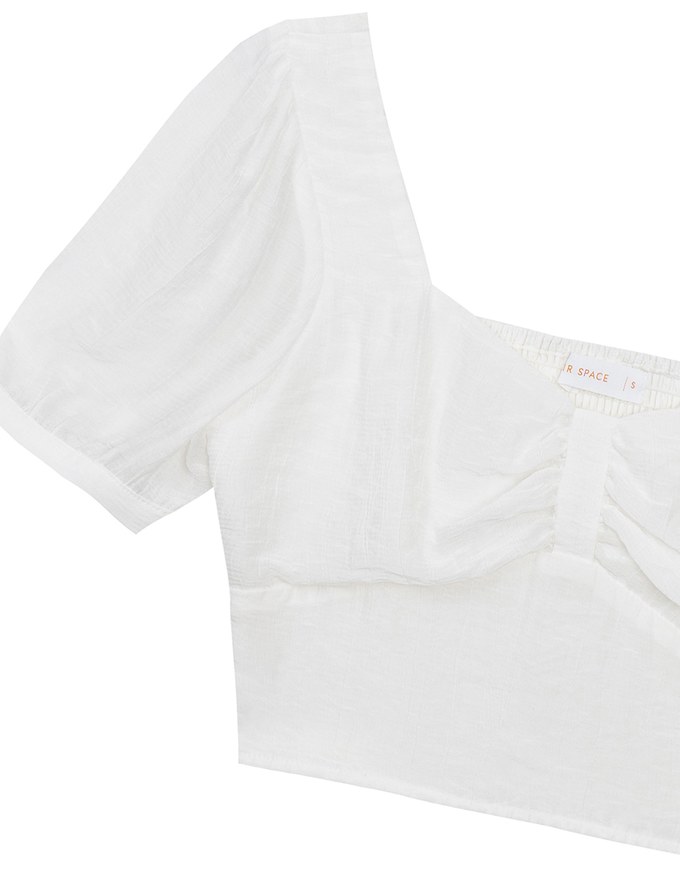 Square Neck Textured Puff Sleeve Cropped Top with Ruched Front Detail