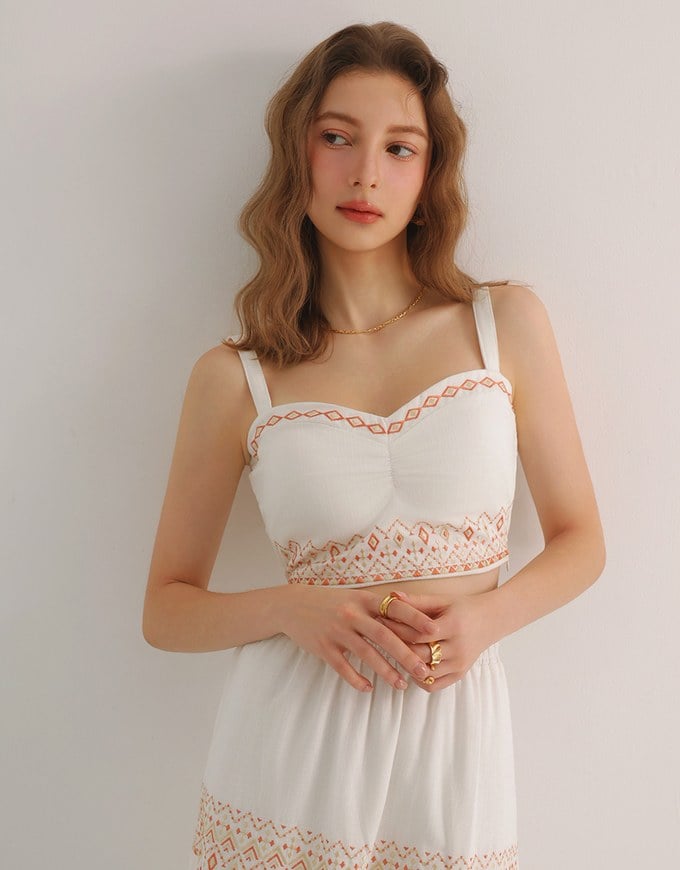 Ruched Sweetheart Boho Embroidered Padded Cami Top