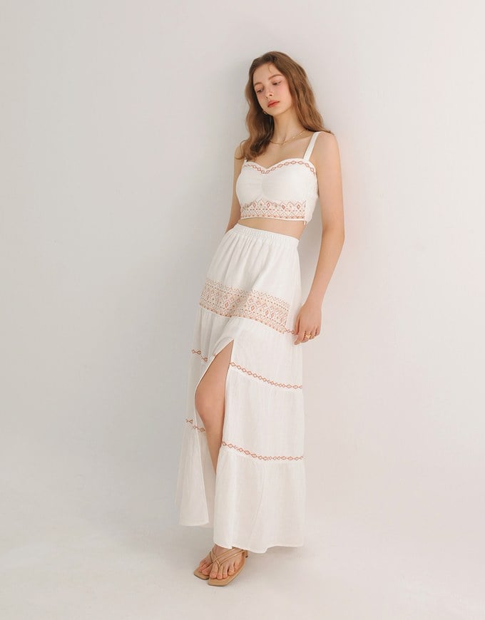 Ruched Sweetheart Boho Embroidered Padded Cami Top
