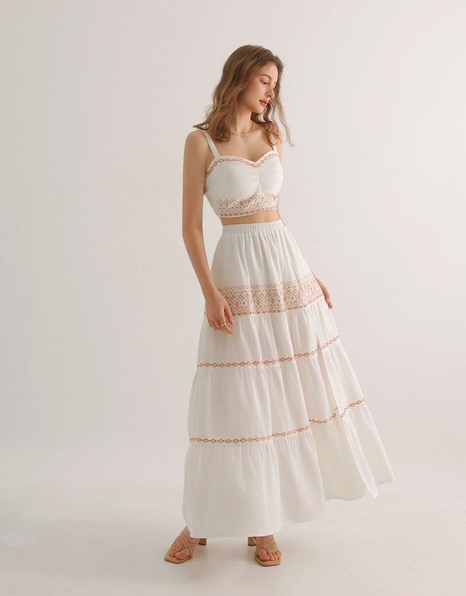 Ruched Sweetheart Boho Embroidered Padded Cami Top