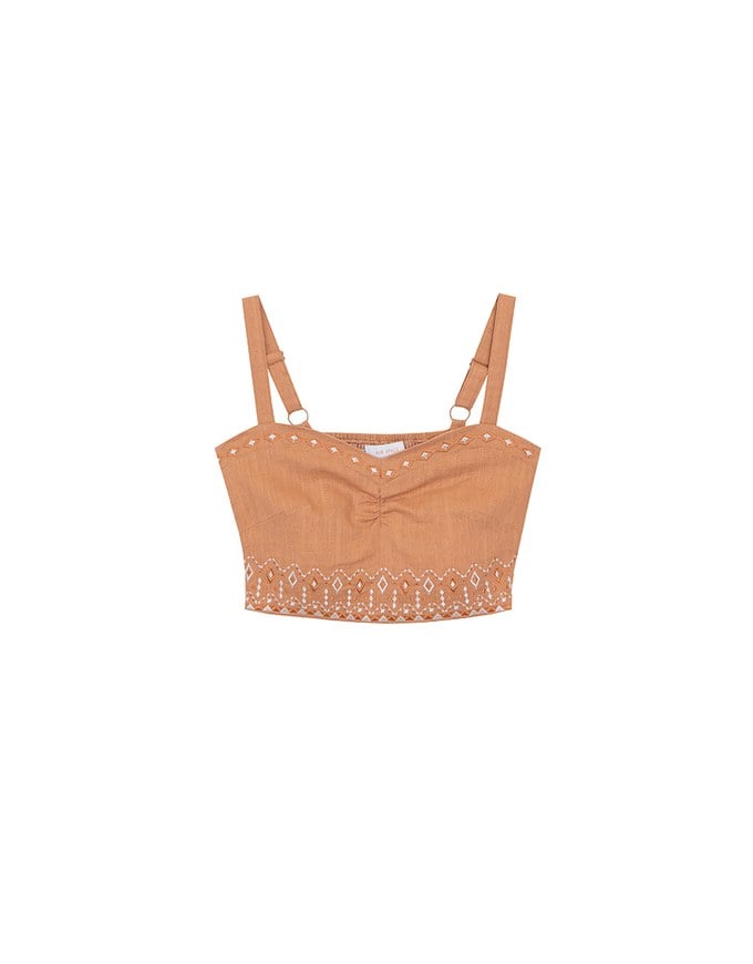 Ruched Sweetheart Boho Embroidered Padded Cami Top