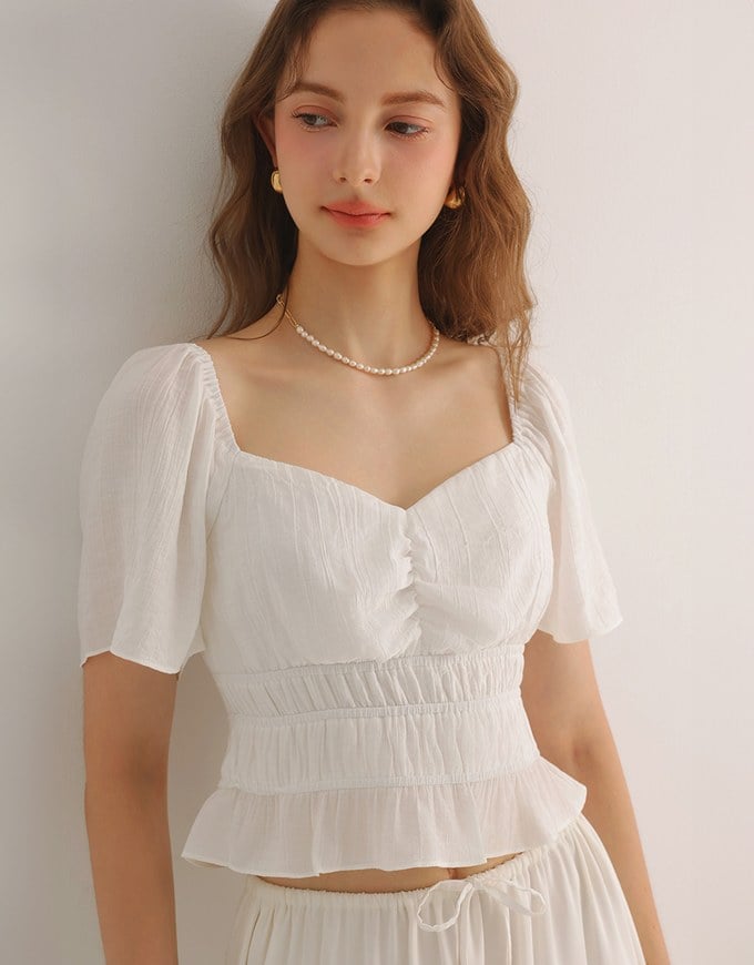 Elastic Shirred Waist Puff Sleeve Cropped Top