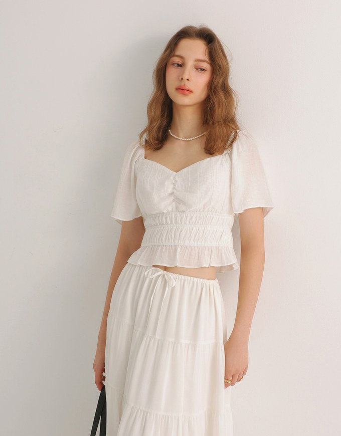 Elastic Shirred Waist Puff Sleeve Cropped Top