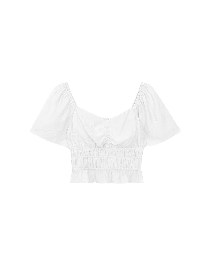 Elastic Shirred Waist Puff Sleeve Cropped Top
