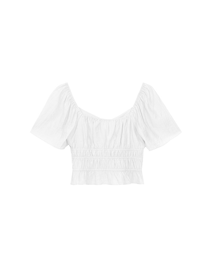 Elastic Shirred Waist Puff Sleeve Cropped Top