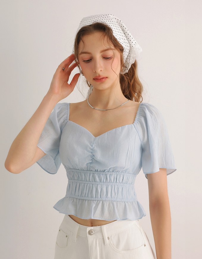 Elastic Shirred Waist Puff Sleeve Cropped Top