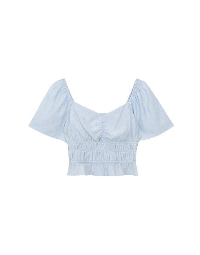 Elastic Shirred Waist Puff Sleeve Cropped Top