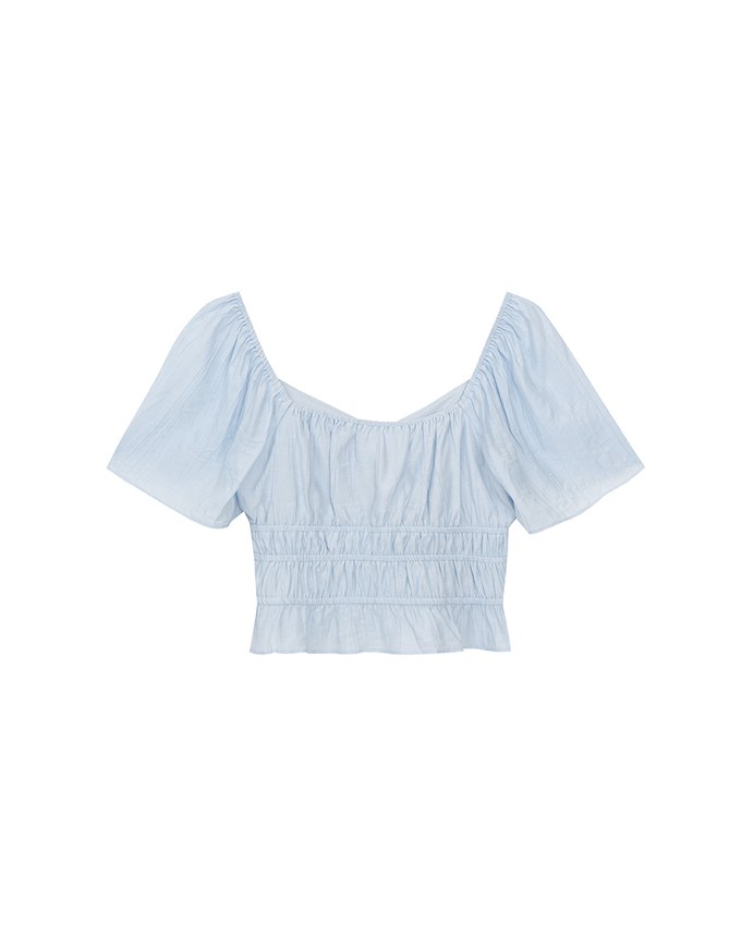 Elastic Shirred Waist Puff Sleeve Cropped Top