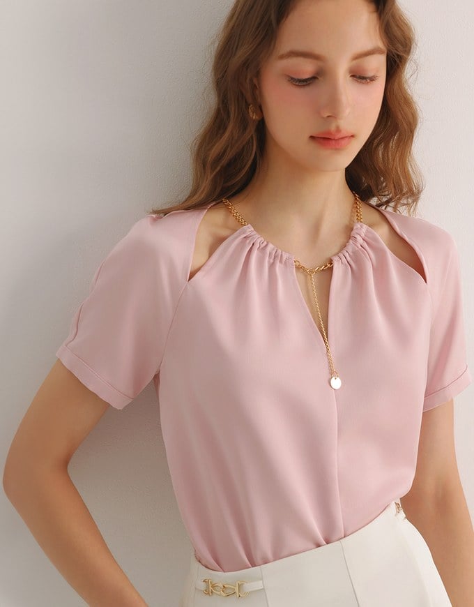 Soft Chiffon Cold Shoulder Top with Gold Chain Trim