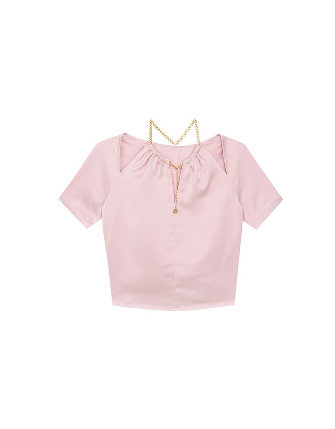 Soft Chiffon Cold Shoulder Top with Gold Chain Trim