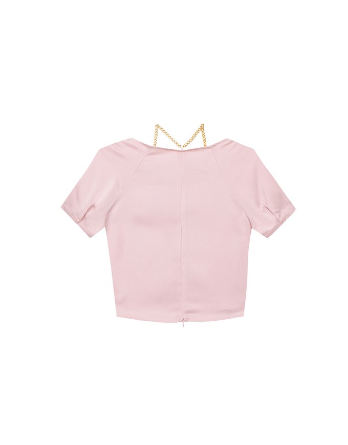 Soft Chiffon Cold Shoulder Top with Gold Chain Trim