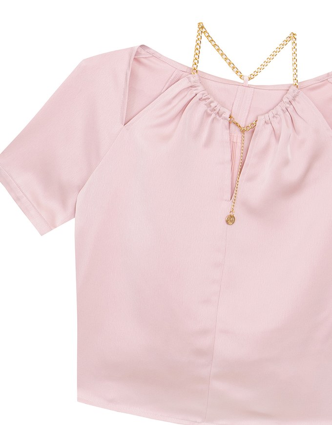 Soft Chiffon Cold Shoulder Top with Gold Chain Trim
