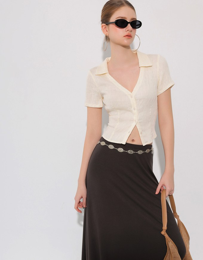 Crinkled Textured V Neck Fitted Button Shirt Top with Collar