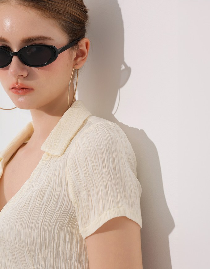 Crinkled Textured V Neck Fitted Button Shirt Top with Collar