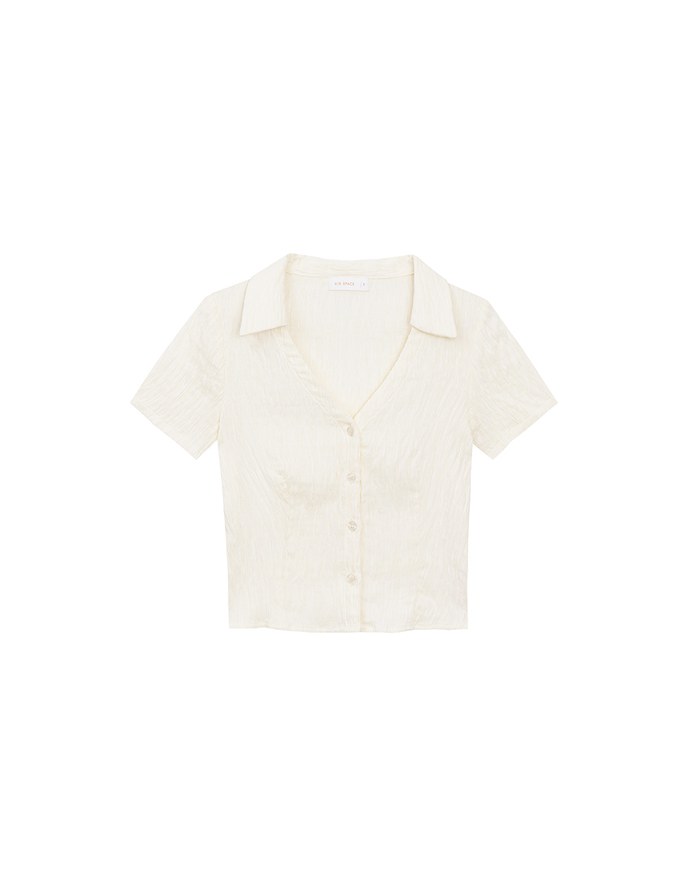 Crinkled Textured V Neck Fitted Button Shirt Top with Collar