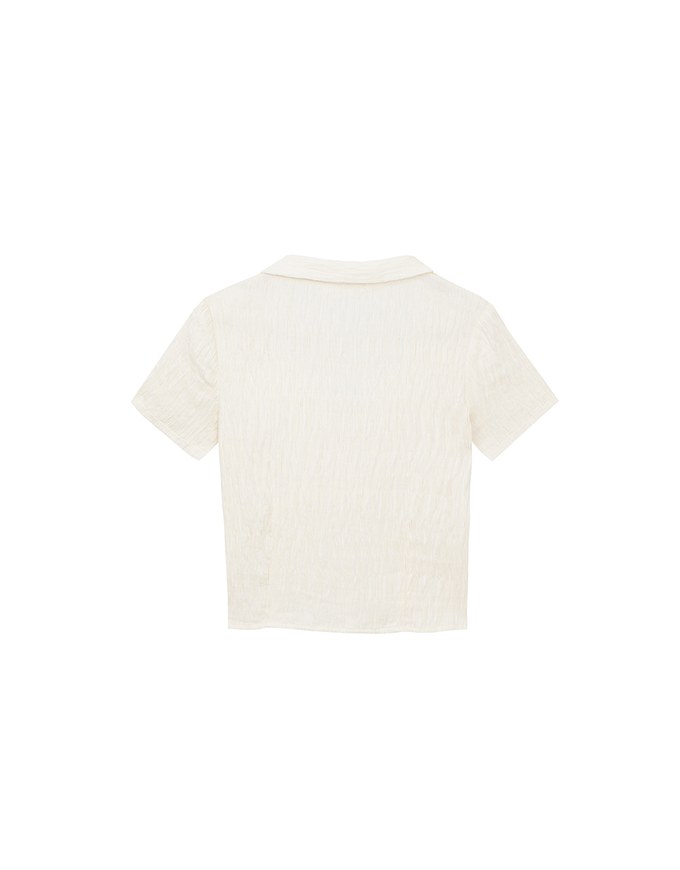 Crinkled Textured V Neck Fitted Button Shirt Top with Collar