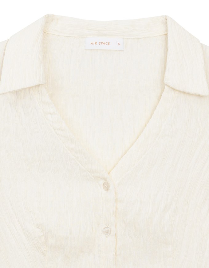 Crinkled Textured V Neck Fitted Button Shirt Top with Collar