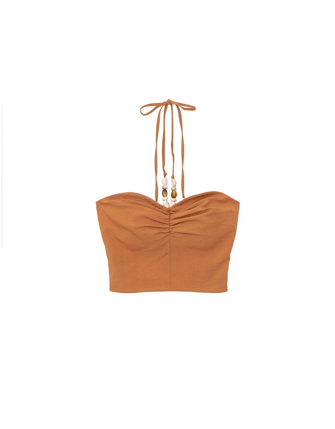 Ruched Bandeau Halter Padded Top with Beaded Strap
