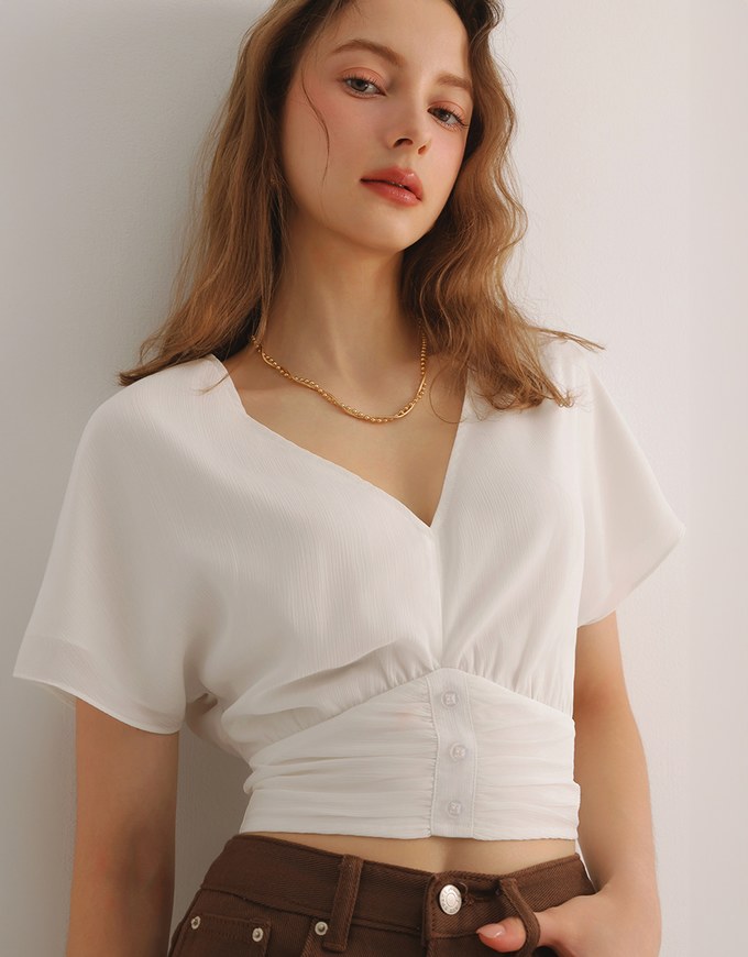 V Neck Ruched Waist Wrap Back Short Sleeve Top