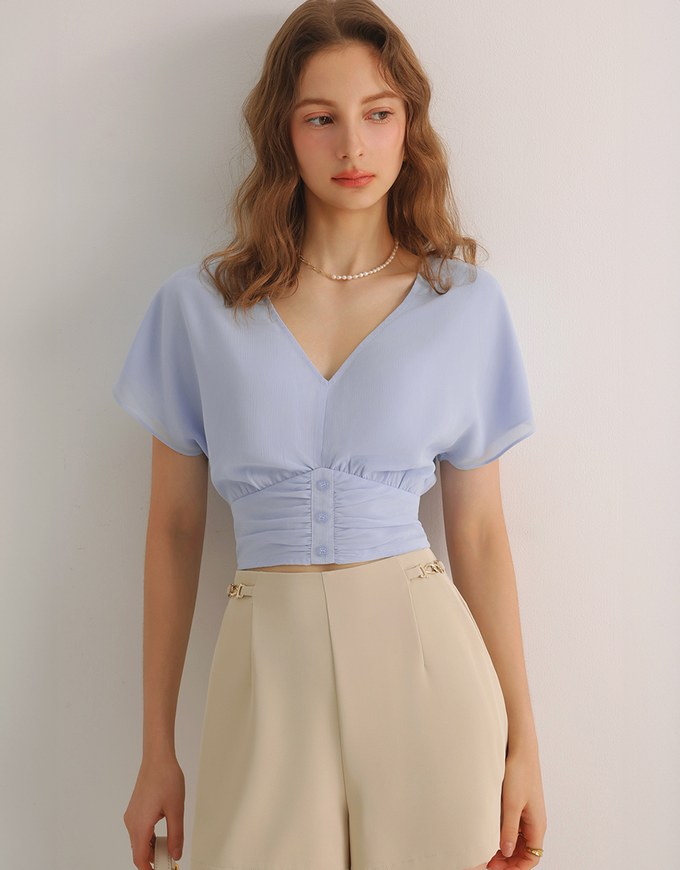 V Neck Ruched Waist Wrap Back Short Sleeve Top