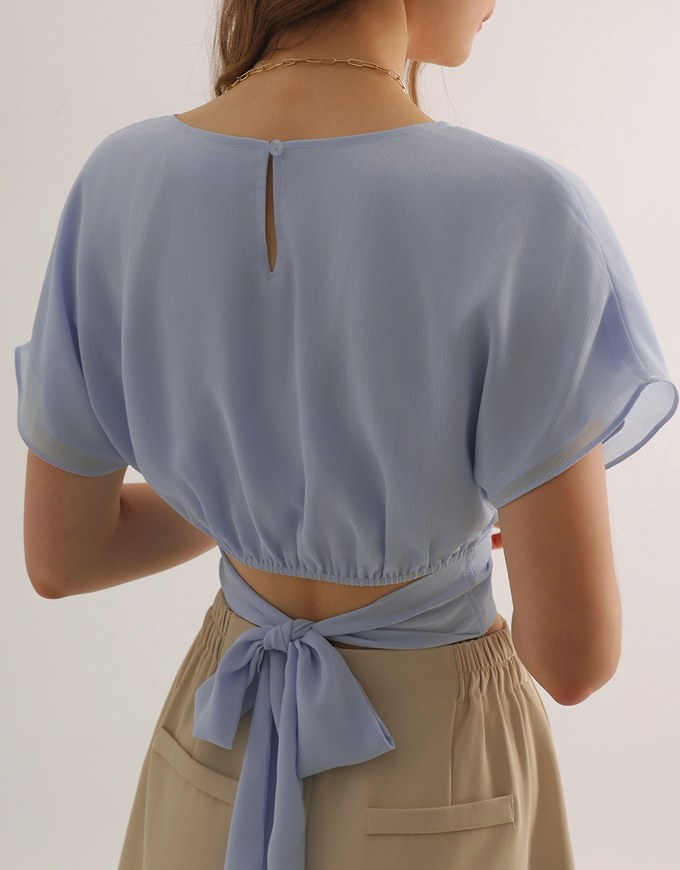 V Neck Ruched Waist Wrap Back Short Sleeve Top