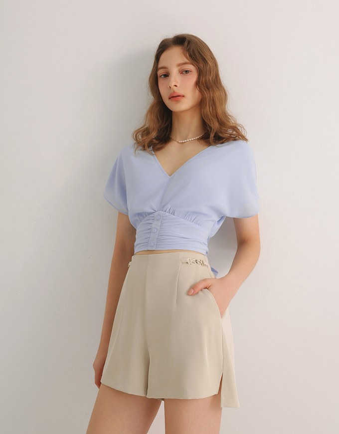 V Neck Ruched Waist Wrap Back Short Sleeve Top
