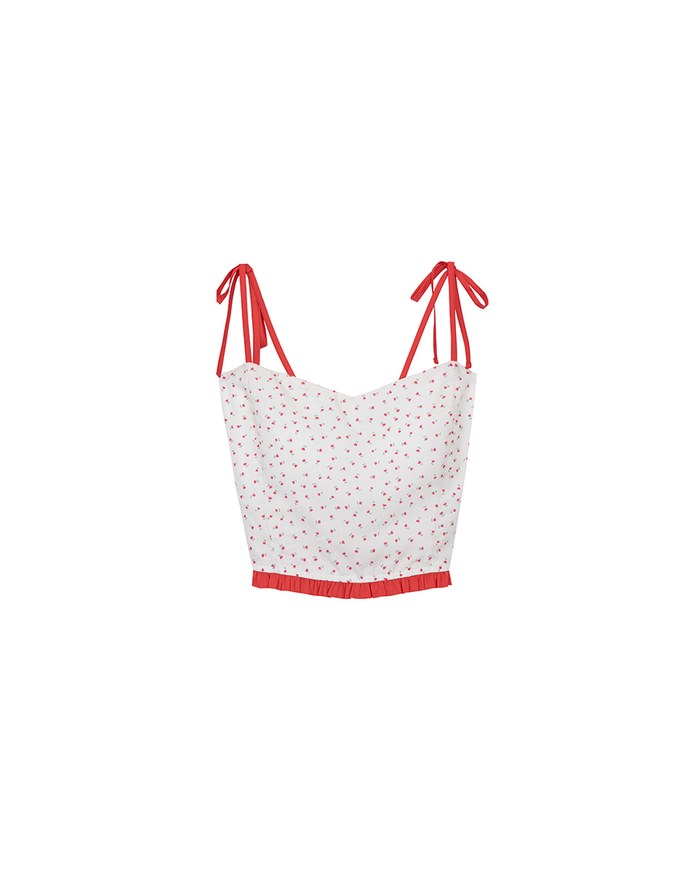 Floral Print Tie Strap Padded Cami Crop Top with Shirred Back and Ruffled Hem