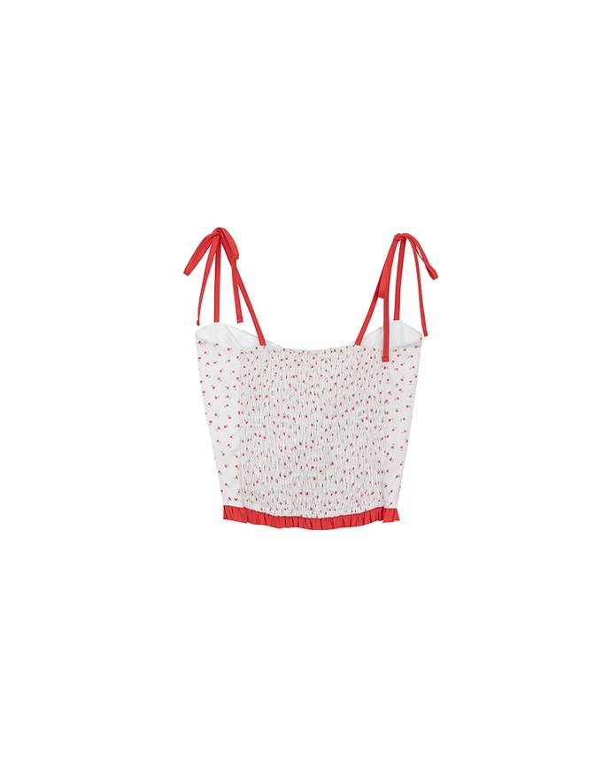 Floral Print Tie Strap Padded Cami Crop Top with Shirred Back and Ruffled Hem