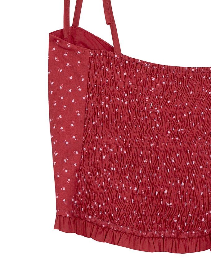 Floral Print Tie Strap Padded Cami Crop Top with Shirred Back and Ruffled Hem