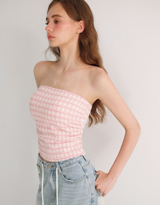 Elegant Tweed Check Textured Strapless Padded Cropped Tube Top