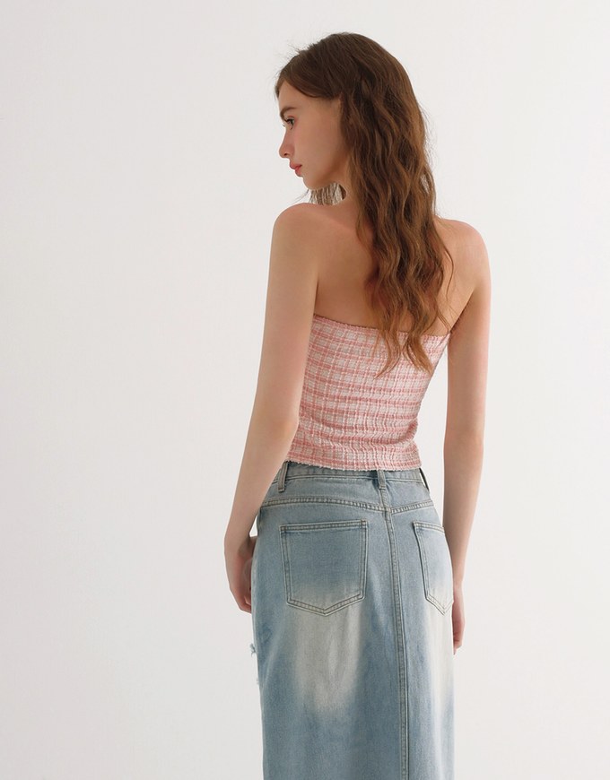 Elegant Tweed Check Textured Strapless Padded Cropped Tube Top